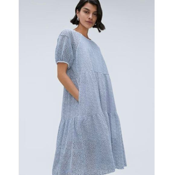 Everlane Dresses & Skirts - Everlane Tiered Blue White Eyelet Puff Sleeve Oversized Midi Dress Size XS